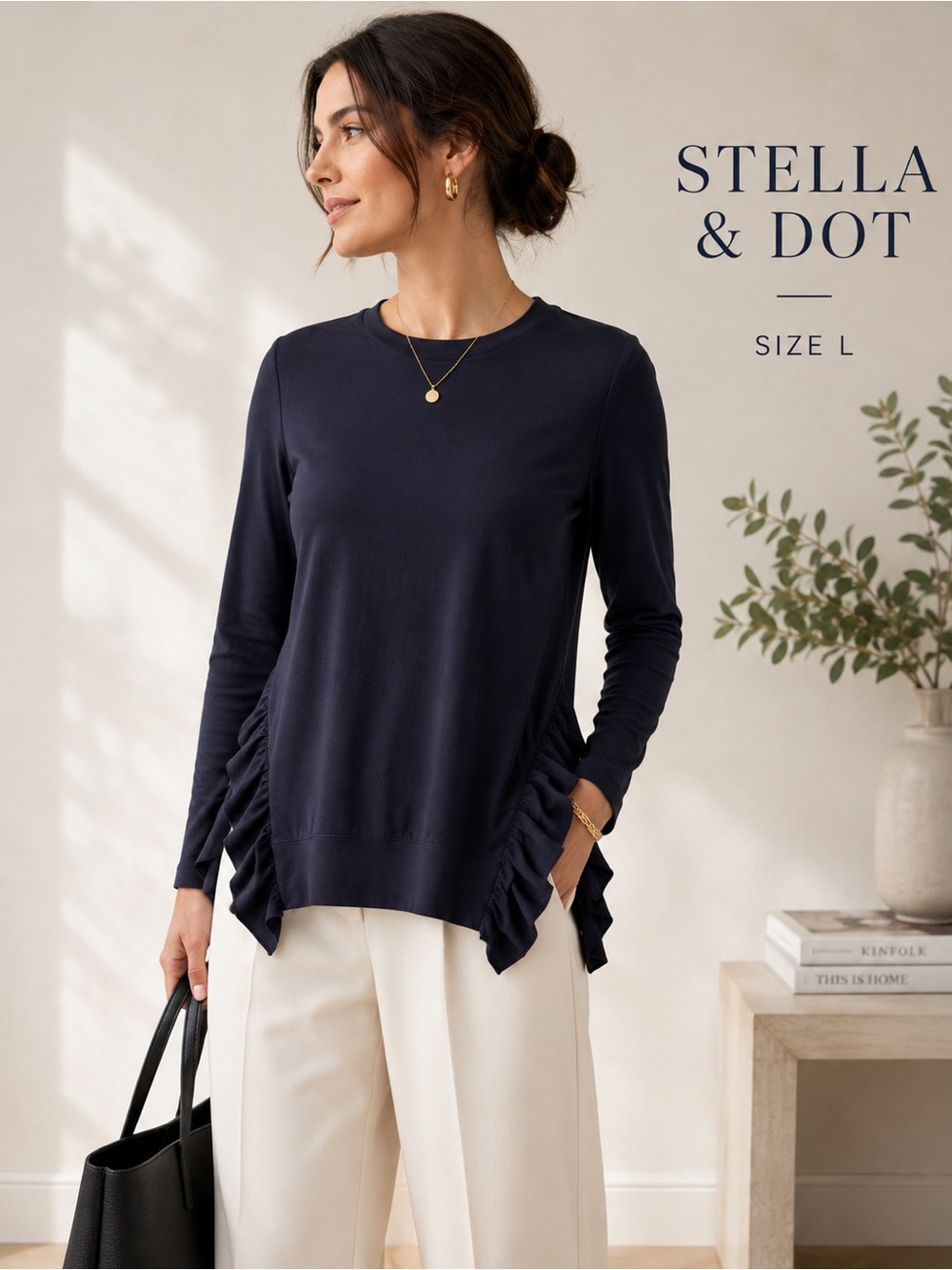 Stella & Dot Navy Ruffle Hem Side Tunic Top Size L Minimalist Workwear Quiet lux